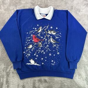 Vintage Morning Sun Cardinal Birds Sweatshirt Womens L Blue Winter Snow USA Made